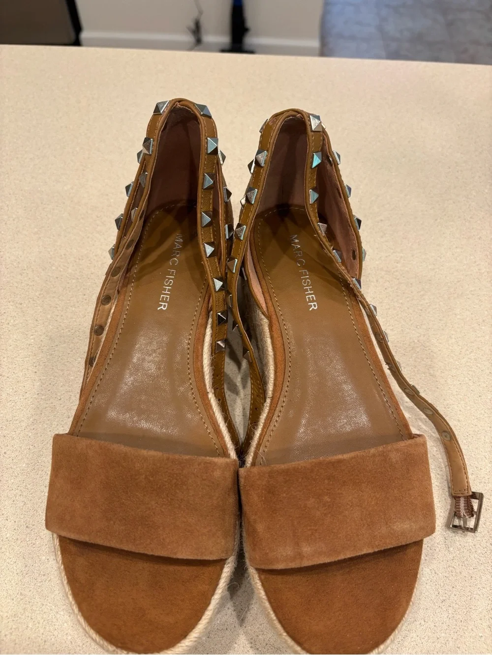 Marc Fisher Tan Suede Espadrille Wedge Sandals with Studded Ankle Straps